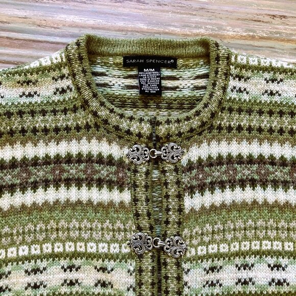 Sarah Spencer Fair Isle Cardigan Wool Sweater Metal Clasp 100% Lambswool Green - Picture 3 of 6